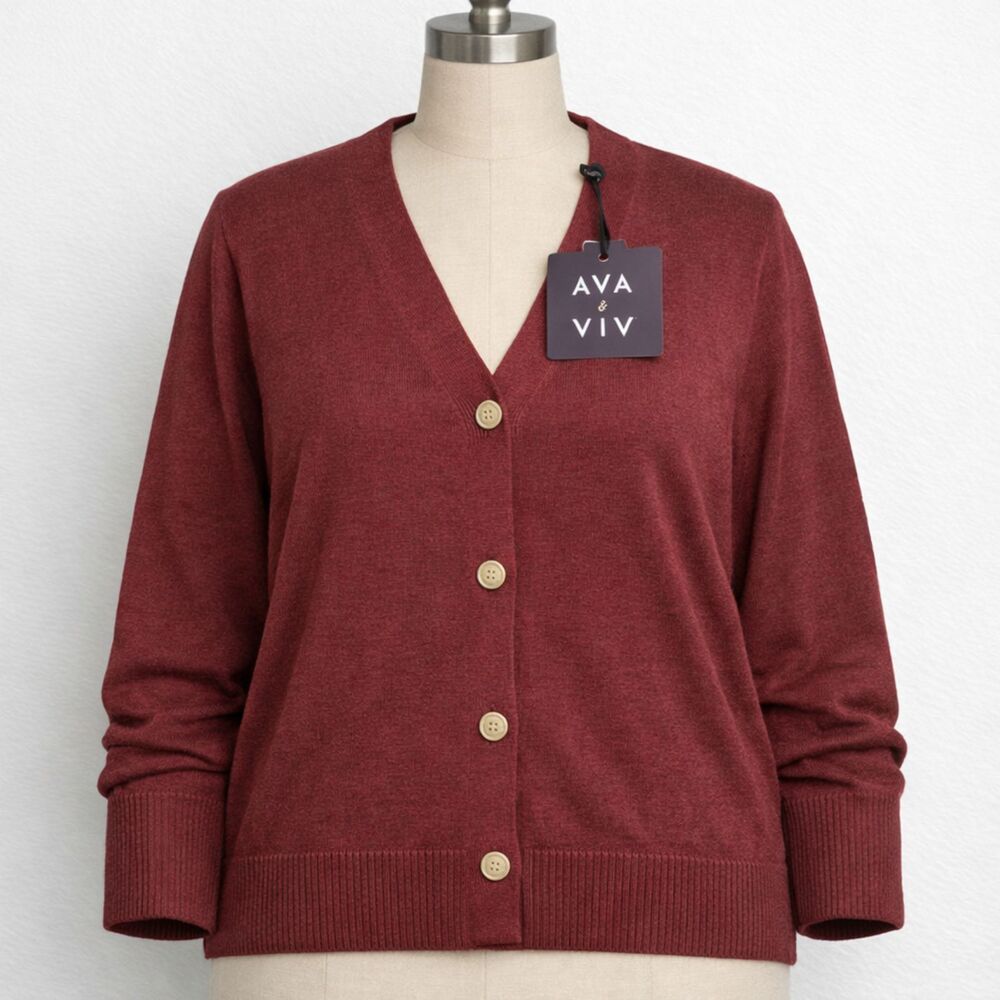 NWT AVA & VIV Maroon Cotton Blend Button‑Front Cardigan Size 1X Plus Cozy Layer